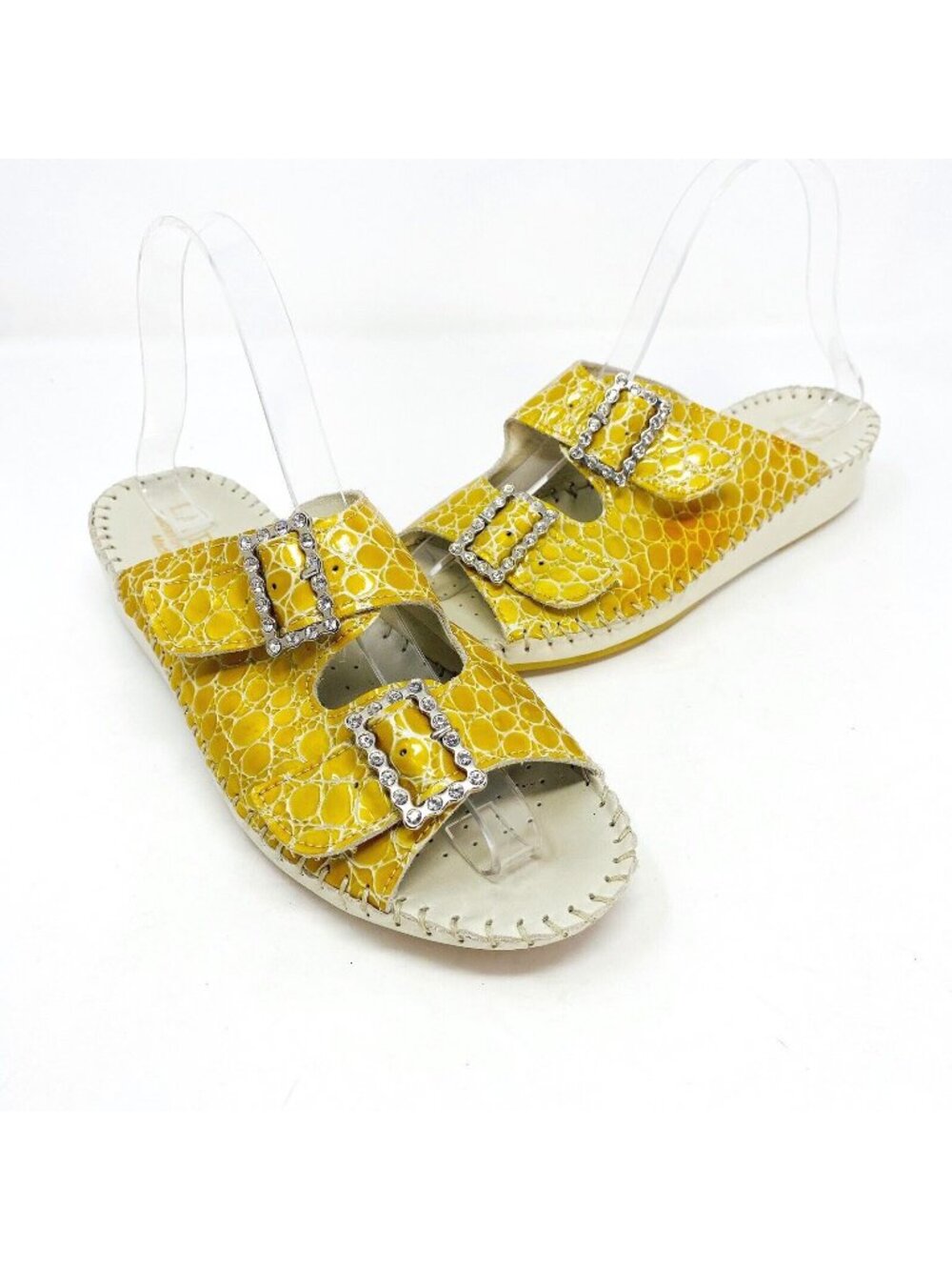 La Plume Sandals Womens 38 Jen Yellow Leather Snake Rhinestone Buckle Slip On